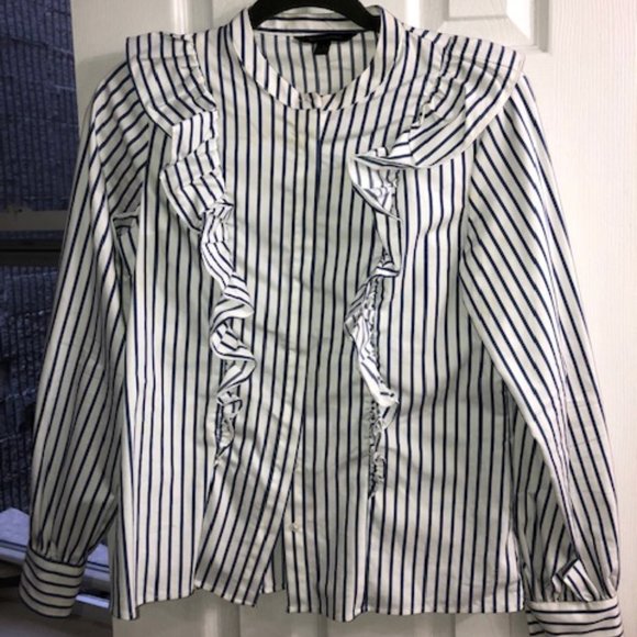 Banana Republic Navy/White Striped Ruffle Shirt - Picture 3 of 7